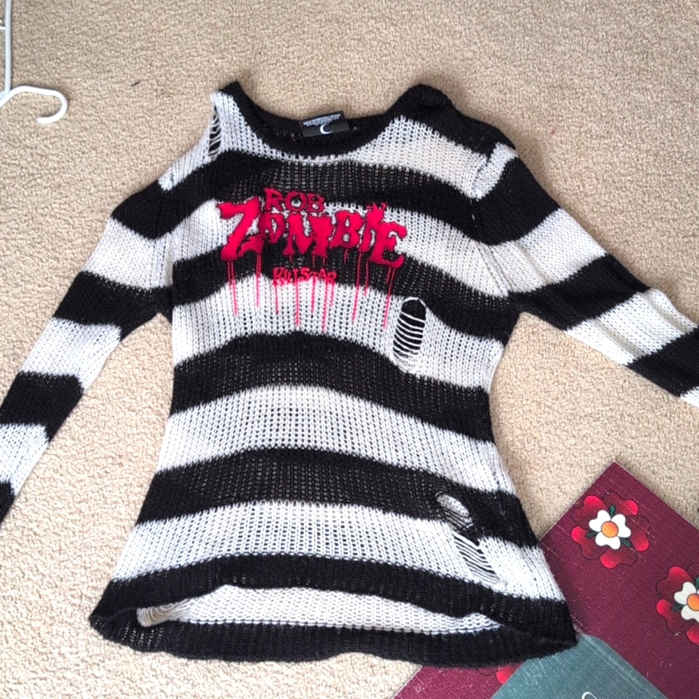 Rob Zombie Killstar Stripe Embroidered Sweater Womens Size Large Distressed.